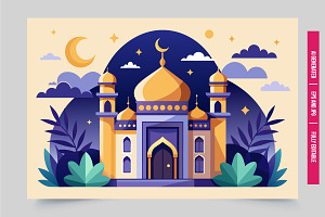 Colorful mosque night moon stars, an Illustration by Tanuart