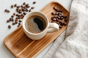 Freshly brewed coffee in handmade cup served with roasted beans on wooden tray, a Food & Drink Photo by AlyaAnd