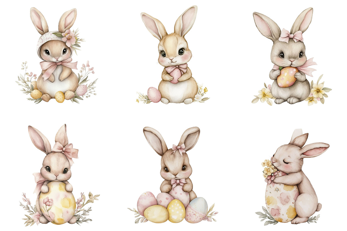 Watercolor Easter Bunnies Clipart, an Illustration by Designking (Photo 4 of 5)
