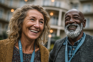 Two joyful individuals enjoying a pleasant outdoor day together smiling happily, a Health & Medical Photo by AS photostudio