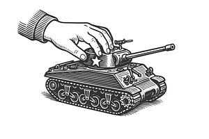 Hand Holding Toy Tank engraving, an Illustration by AlexArt