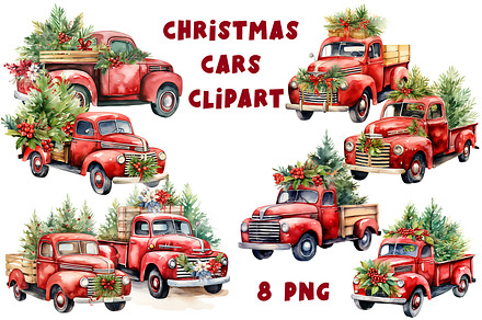 Christmas Cars Watercolor clipart, a Transportation Illustration by ElenazlataArt