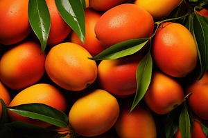 Ripe mangoes with green leaves, showcasing their vibrant orange and red colors, a Photo by Textures & Backgrounds