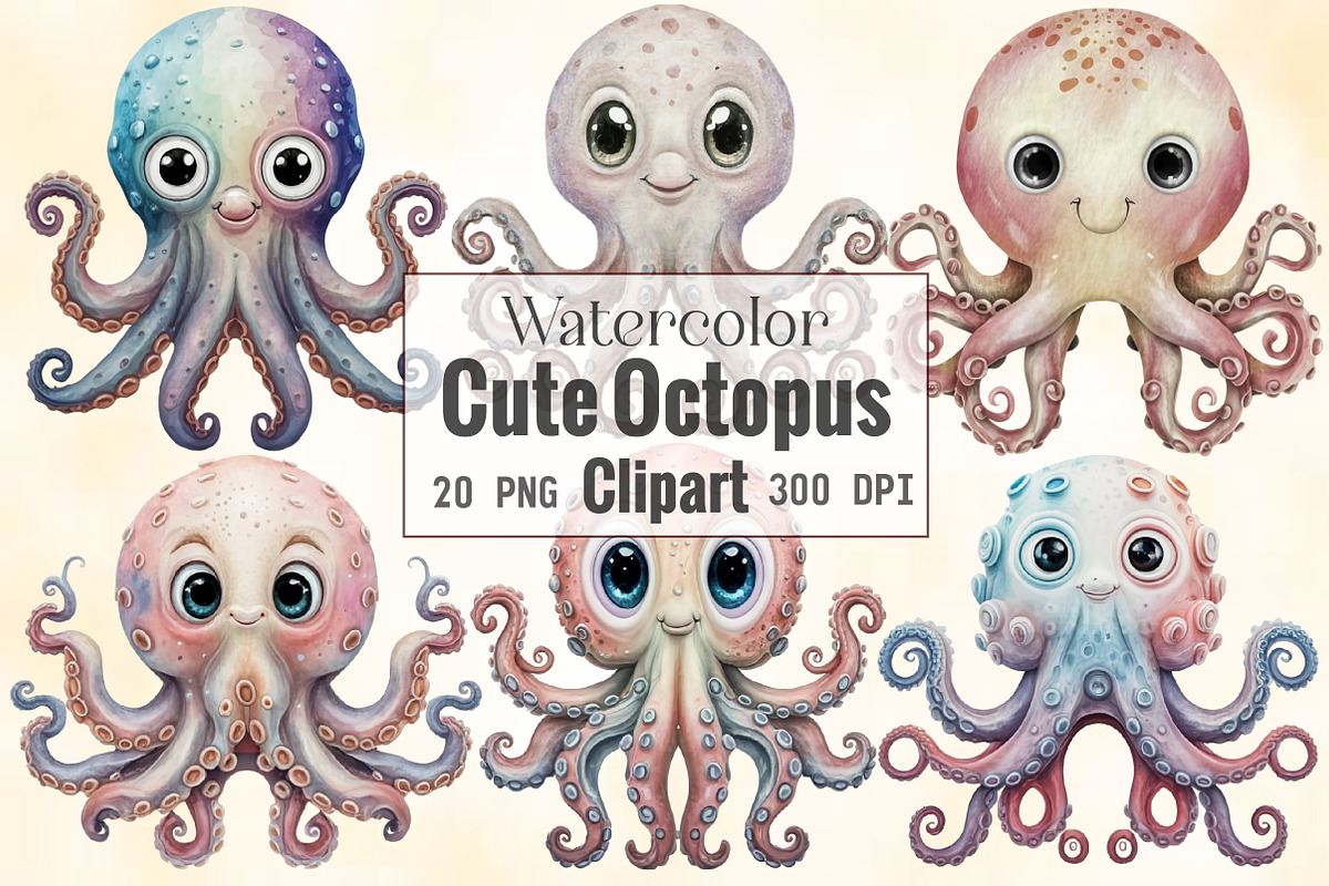 Watercolor Cute Octopus Clipart, an Illustration by CraftArtStudio (Photo 1 of 4)
