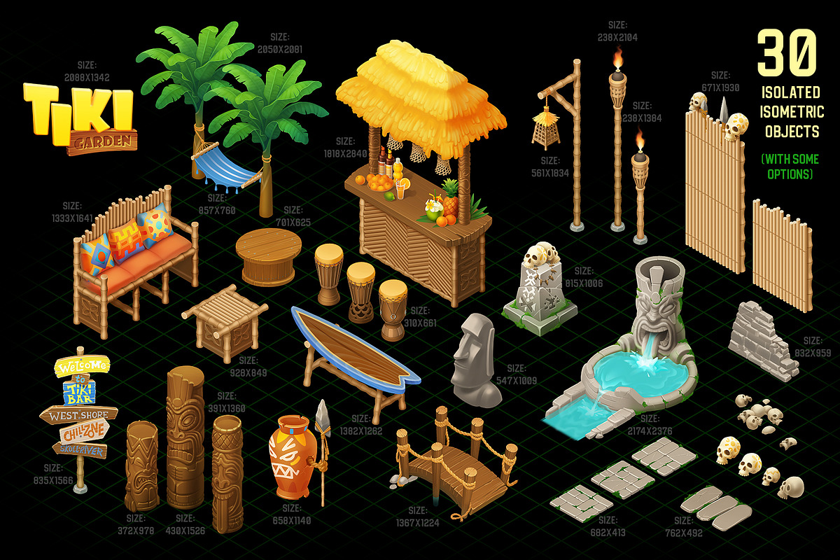 Tiki garden - isometric clip-arts, a Decorative Illustration by Ekaterina Glazkova (Photo 2 of 4)