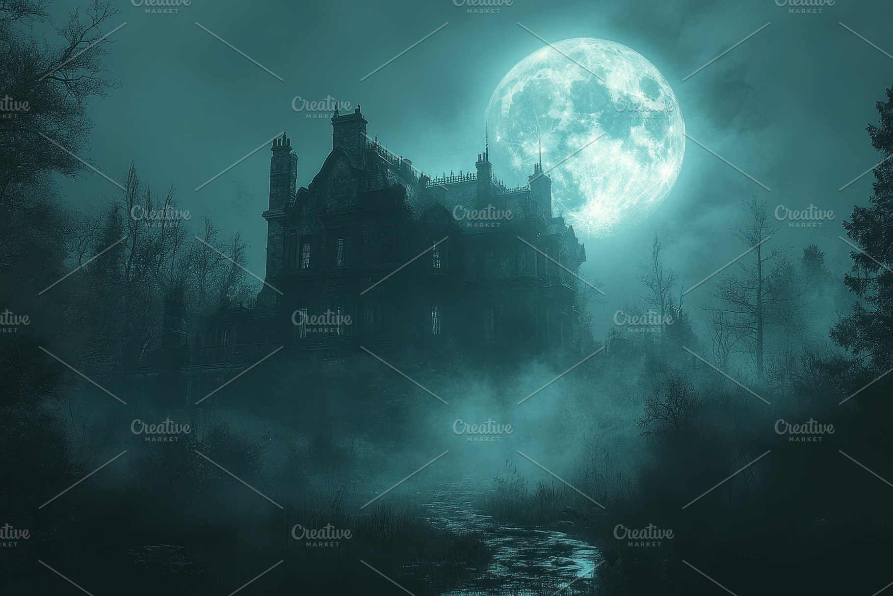 Spooky old mansion under a full moon, a Photo by Tanuart