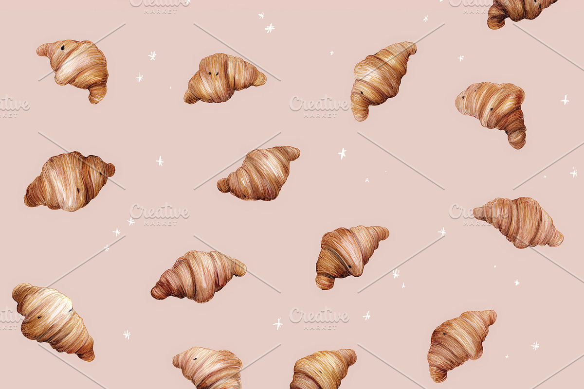 Seamless pattern croissants repeating pattern on pink background, a Pattern Graphic by Studio ANNA