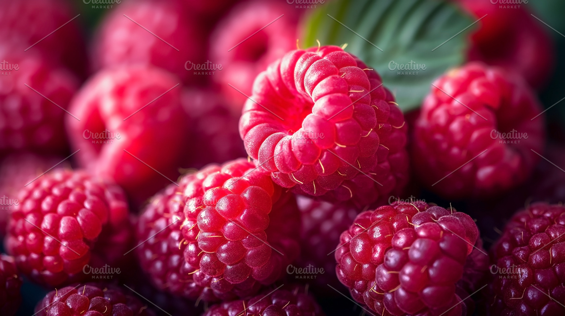 Close-up of vibrant red raspberries with a green leaf, showcasin, a Food & Drink Photo by ImageMir
