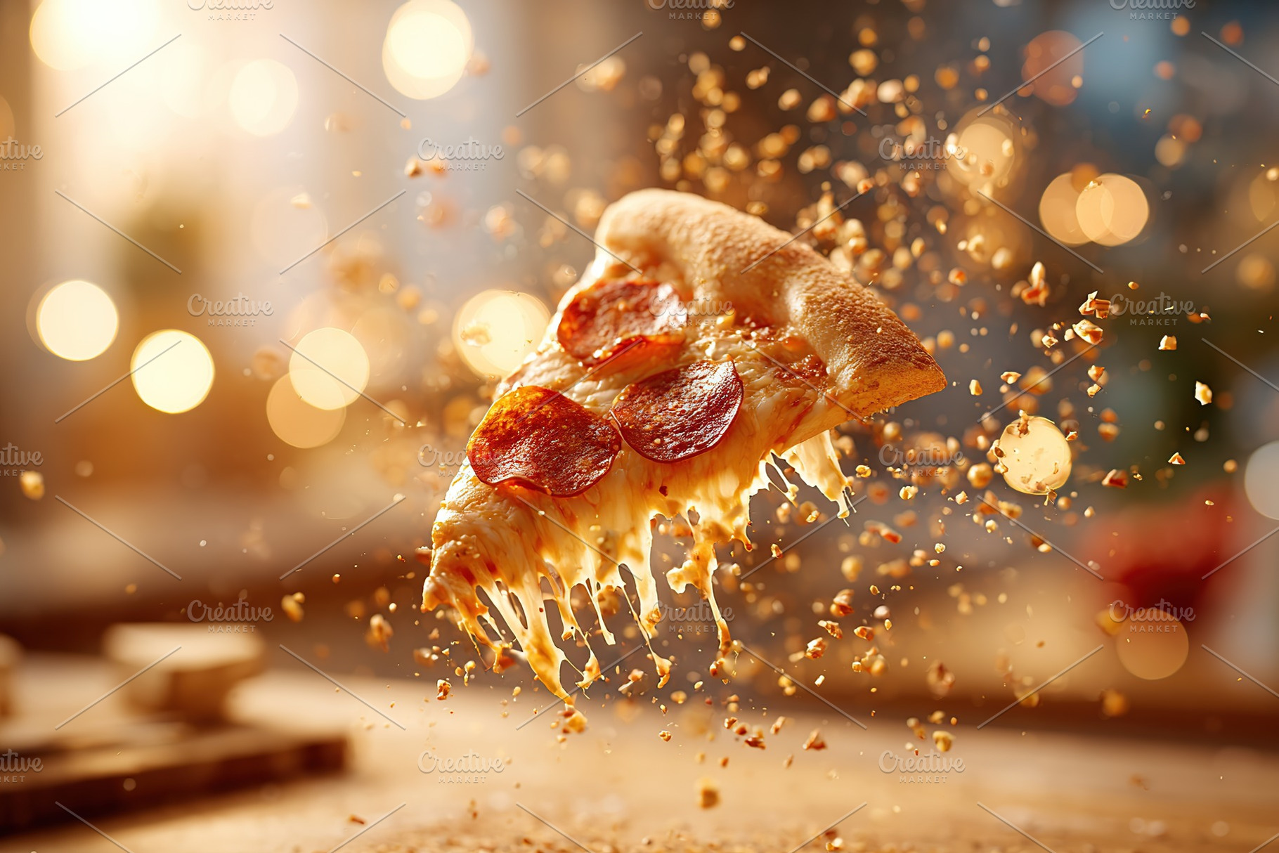 Slice of pepperoni pizza floating in mid-air with cheese stretching and colorfu, a Photo by AlyaAnd