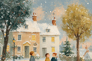 Children and dogs enjoying a snowy winter day in a cozy village,, a Decorative Illustration by Anneleven