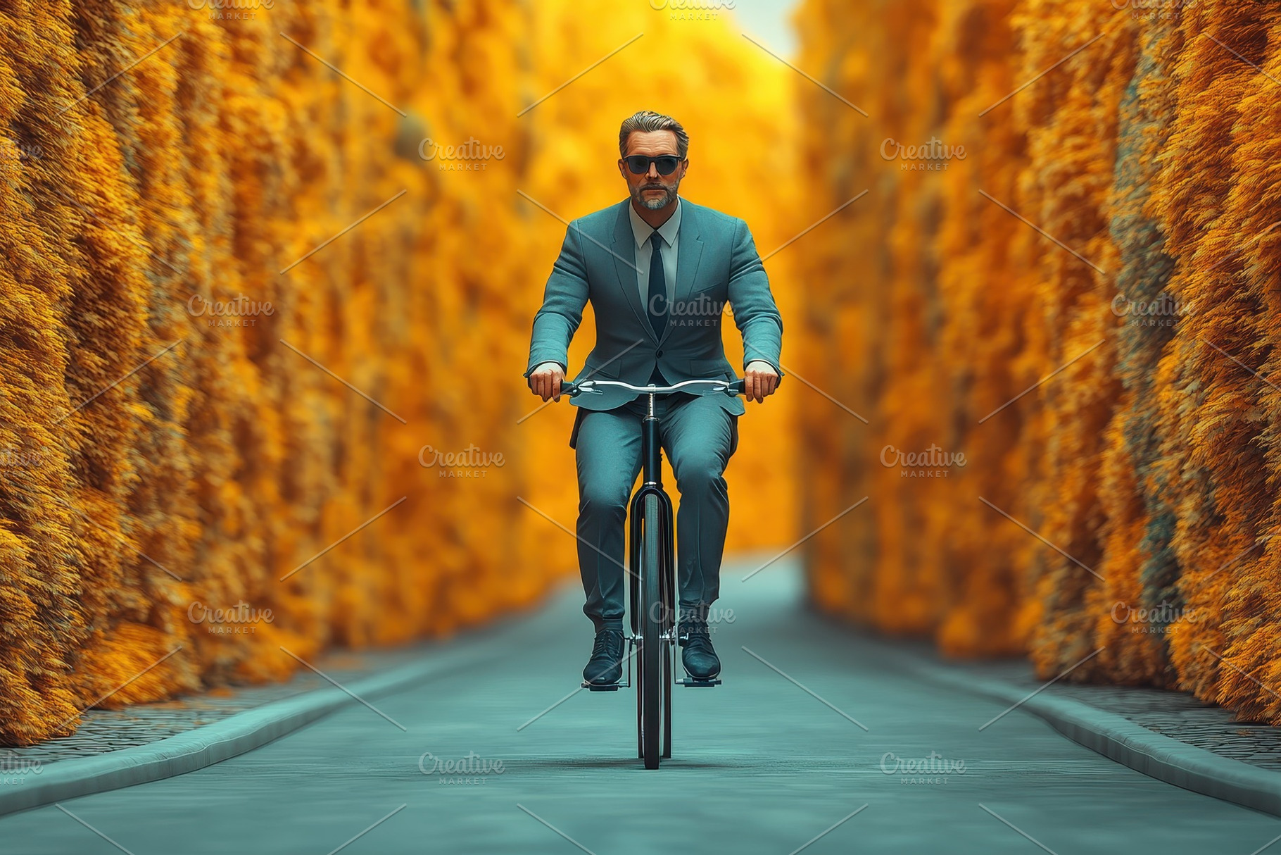 Businessman rides bicycle through vi, a Photo by Tanuart