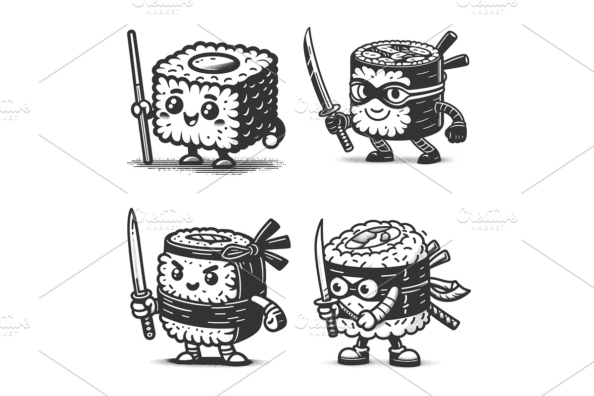 Cartoon Sushi Warriors with Weapons, a Food Illustration by AlexArt
