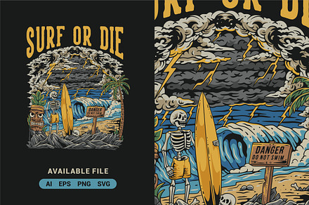 Surf or Die with Skeleton Vector