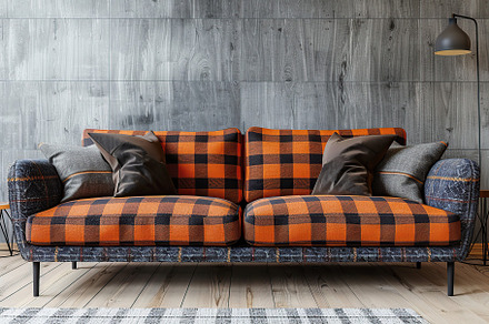 Modern interior of living room with checkered couch, a Beauty & Fashion Photo by AlyaAnd