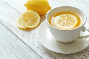 White cup of aromatic tea with lemon sliced on white wooden background, a Food & Drink Photo by AlyaAnd