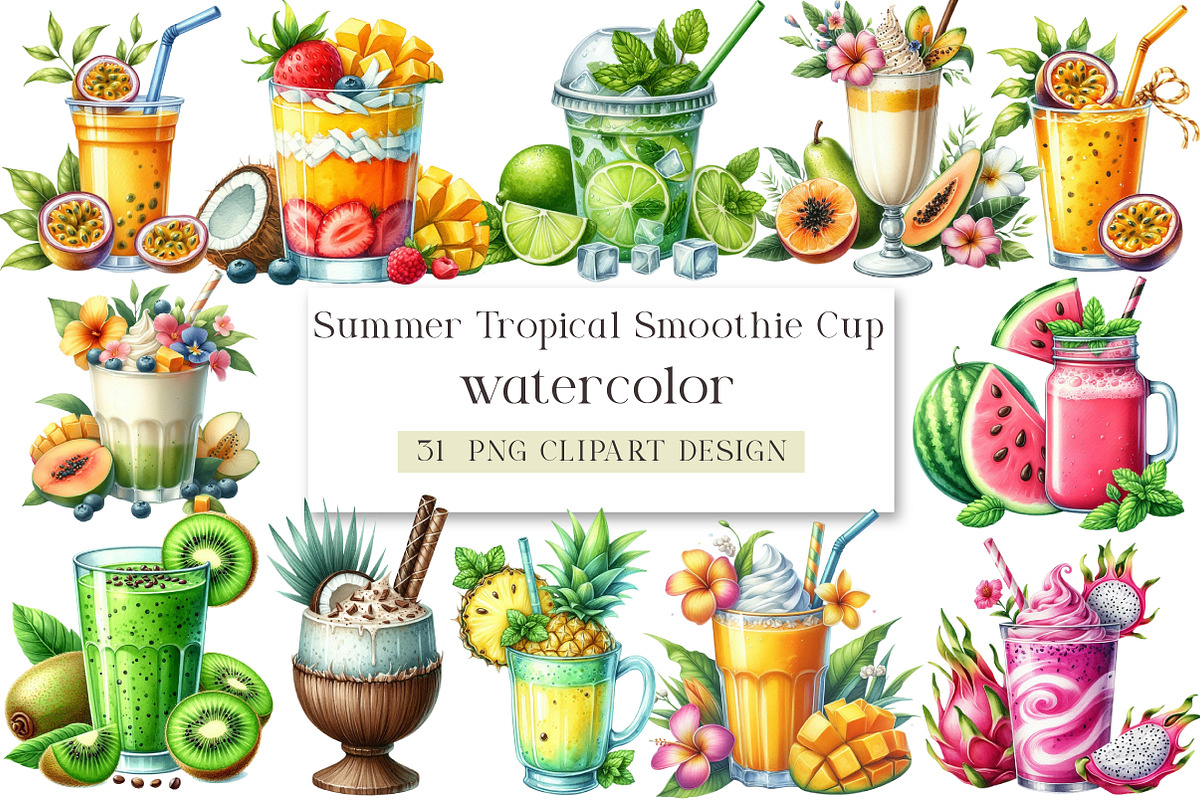 Summer Tropical Smoothie Cup Clipart, a Seasonal Illustration by DreamArtGraphic (Photo 1 of 4)