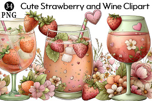 Cute Strawberry and Wine Clipart, an Illustration by Daily.Designs