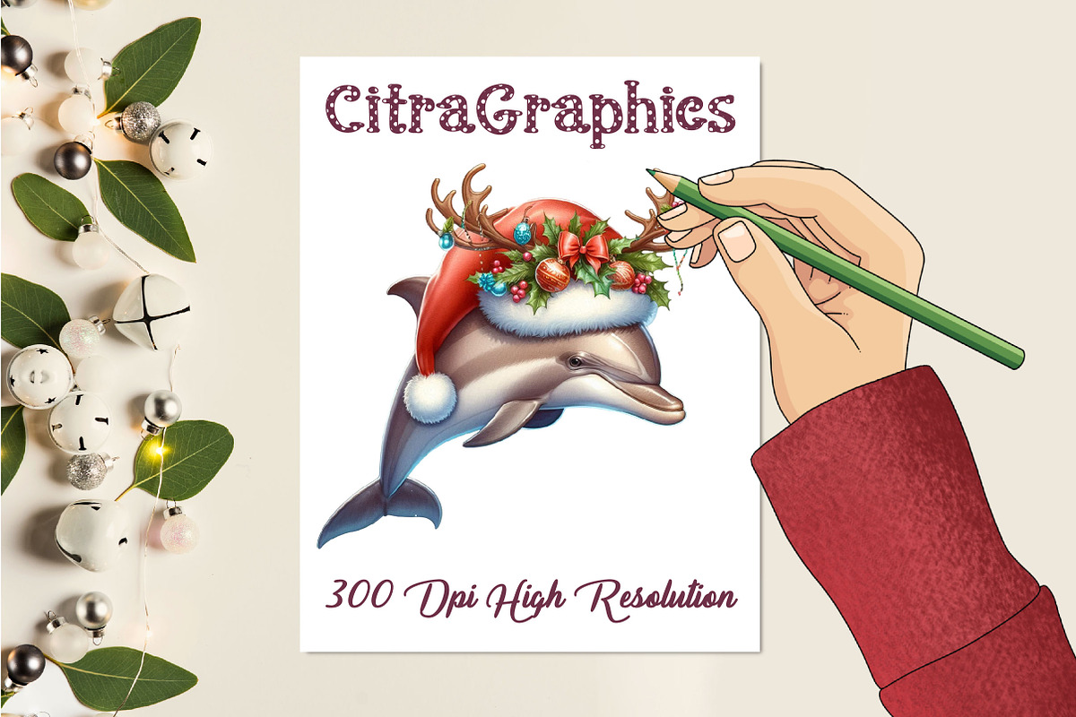 Watercolor Dolphin Christmas Clipart, a Graphic by CitraGraphics (Photo 2 of 6)