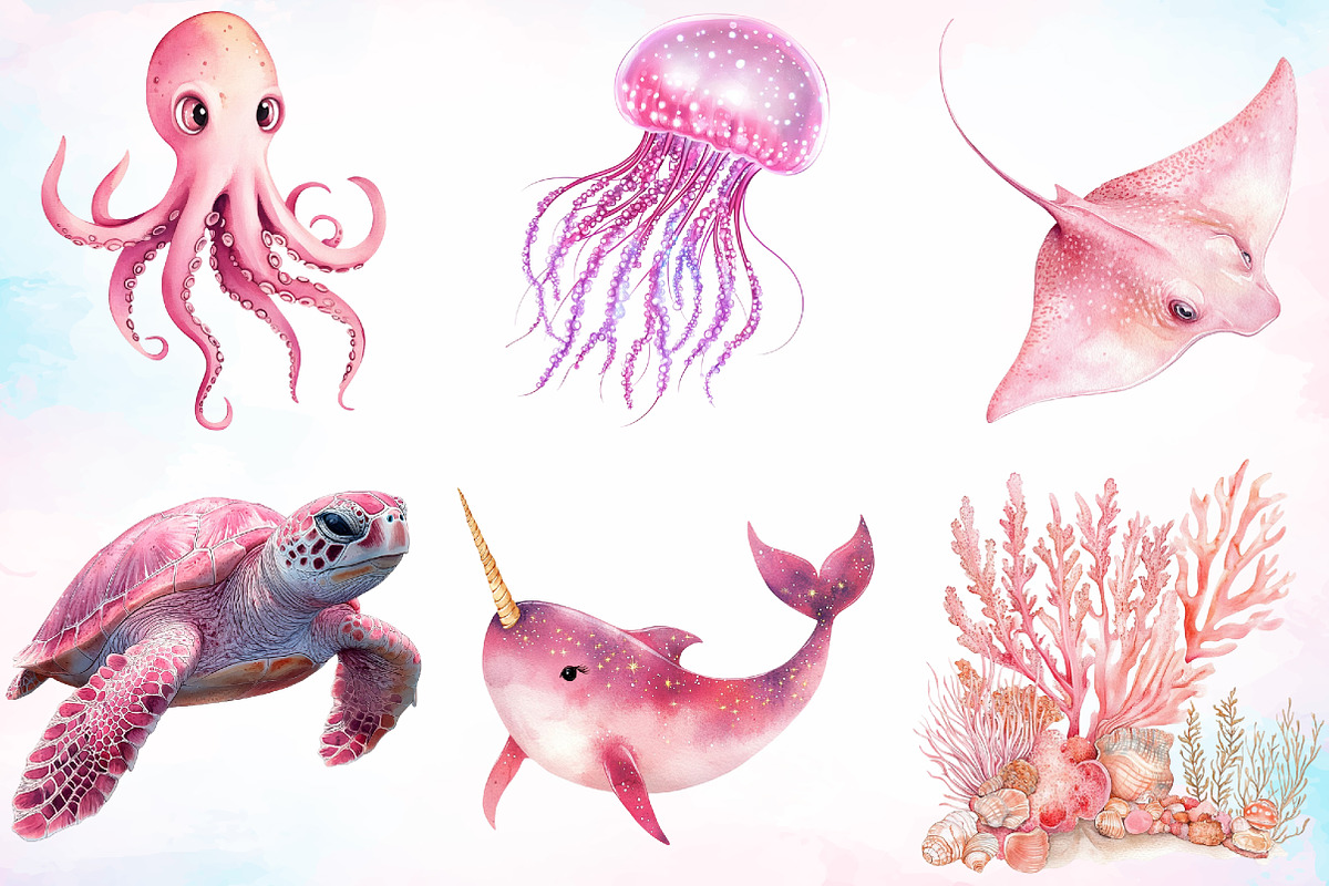 Watercolor Pink Ocean Animals Clipar, an Illustration by Canvas Craft (Photo 2 of 3)