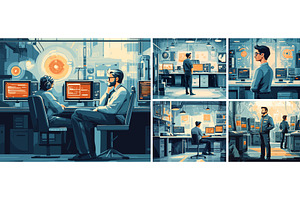 Programists in server room cartoon, a Technology Illustration by Onyx