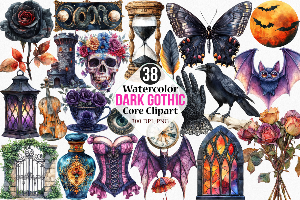 Watercolor Dark Gothic Core Clipart, an Illustration by Canvas Craft (Photo 1 of 7)