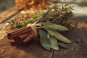 Rustic Bundle of Cinnamon Sticks and Sage on Wooden Table, an Abstract Photo by Natalia Klenova's Shop