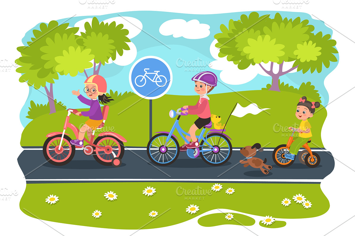 Little girl and boy ride bicycles, an Illustration by Vectorbuum