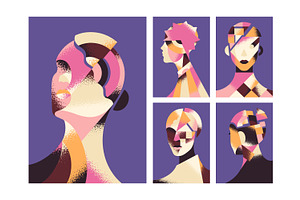 Abstract geometric woman faces cards