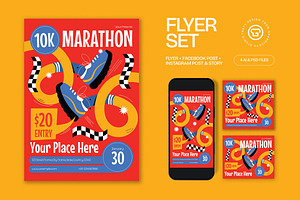 Red Quirky 10K Marathon Flyer Set, a Flyer Template by graphicook