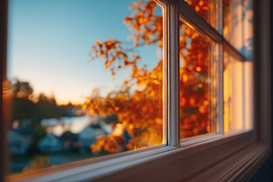Beautiful autumn view through a large window showcasing vibrant orange leaves a, a Photo by AlyaAnd