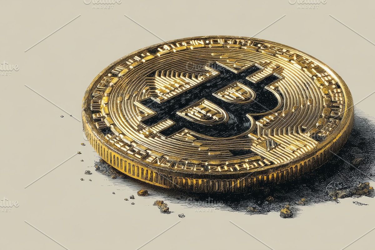 Artistic depiction of a Bitcoin coin in a sketch hand-drawn style, an Illustration by AS photostudio