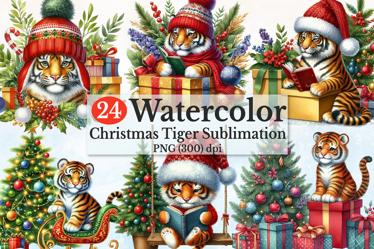 Watercolor Christmas Tiger Clipart, a Seasonal Illustration by Rose Art (Photo 1 of 3)