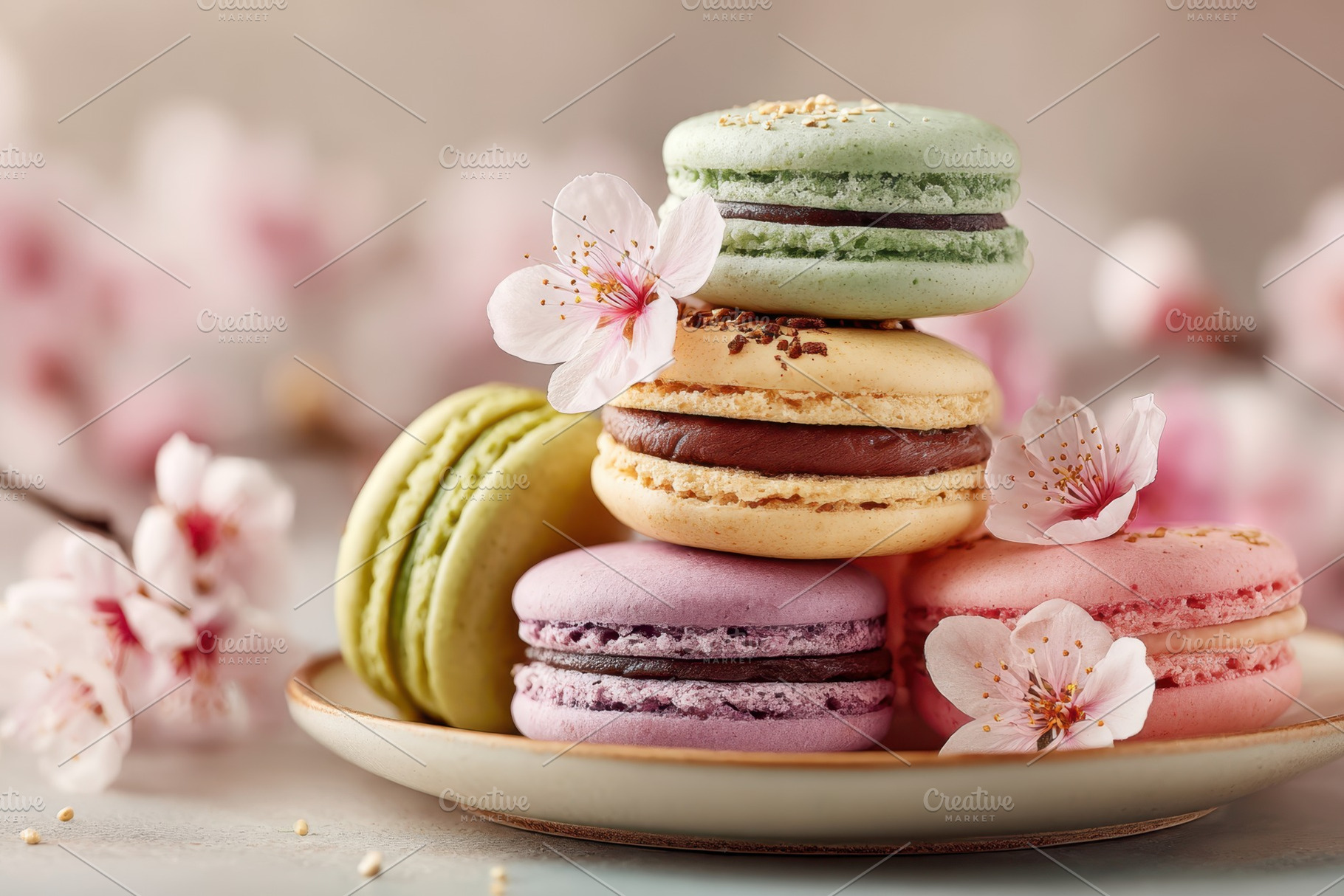 Stacked macarons with cherry blossoms, a Food & Drink Photo by AlyaAnd