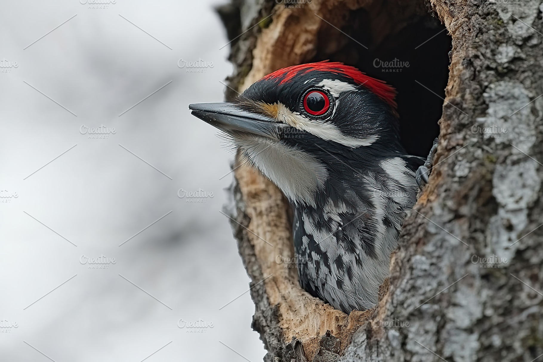 Woodpecker bird sitting in a hollow of tree trunk, an Animal Photo by AlyaAnd
