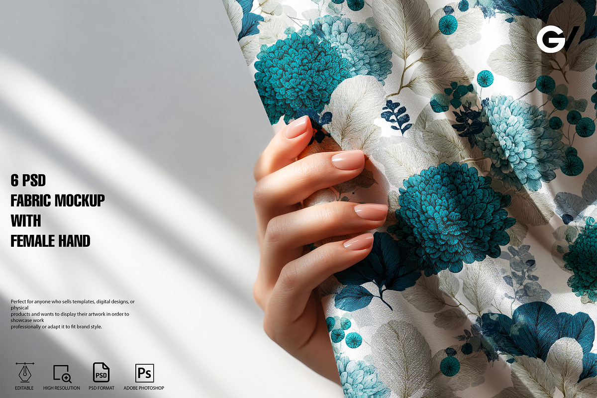 Fabric Mockup with Female Hand, a Merchandise Mockup by GraphicVil (Photo 1 of 9)