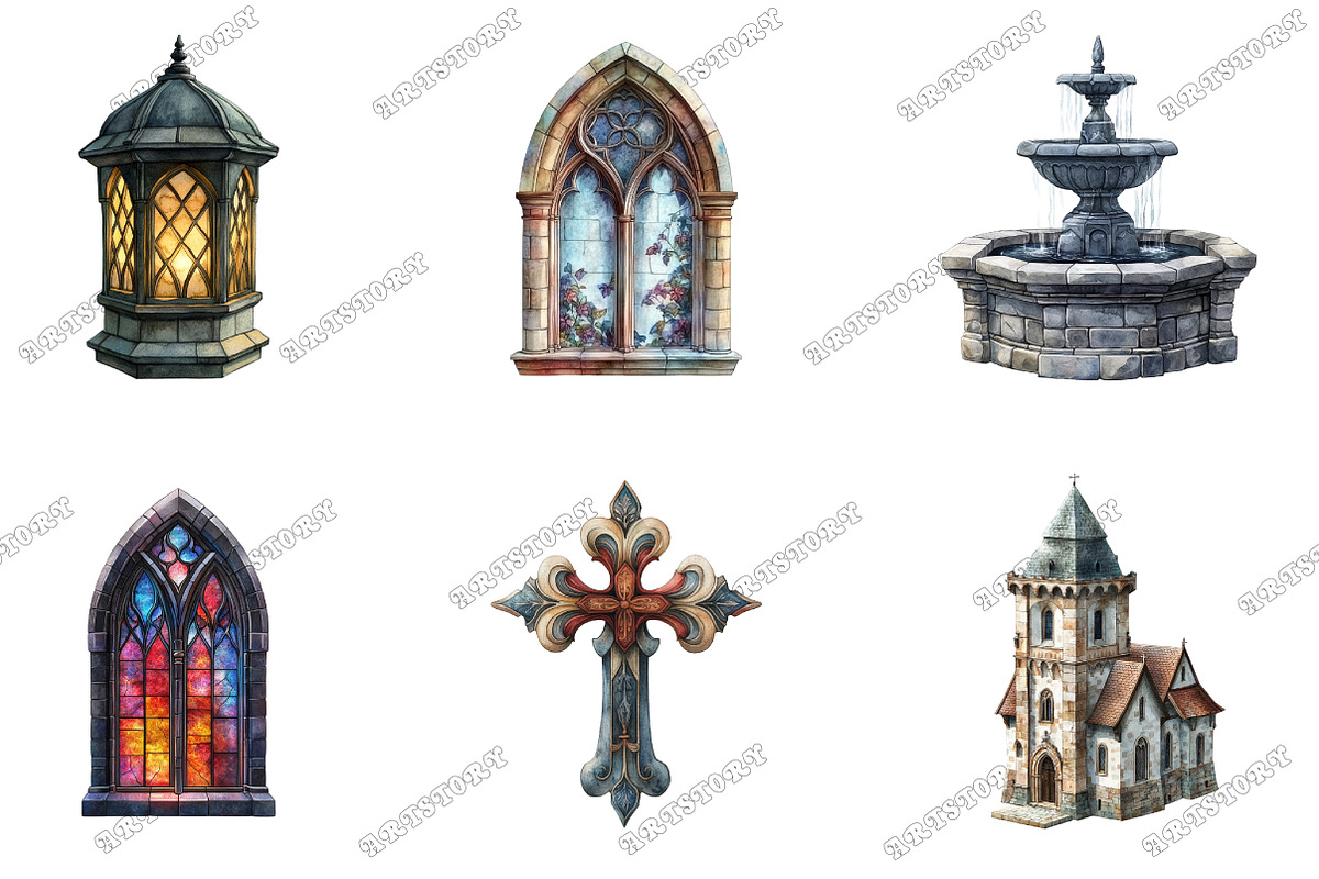Watercolor Gothic Palace Clipart, an Illustration by designcity5 (Photo 3 of 5)