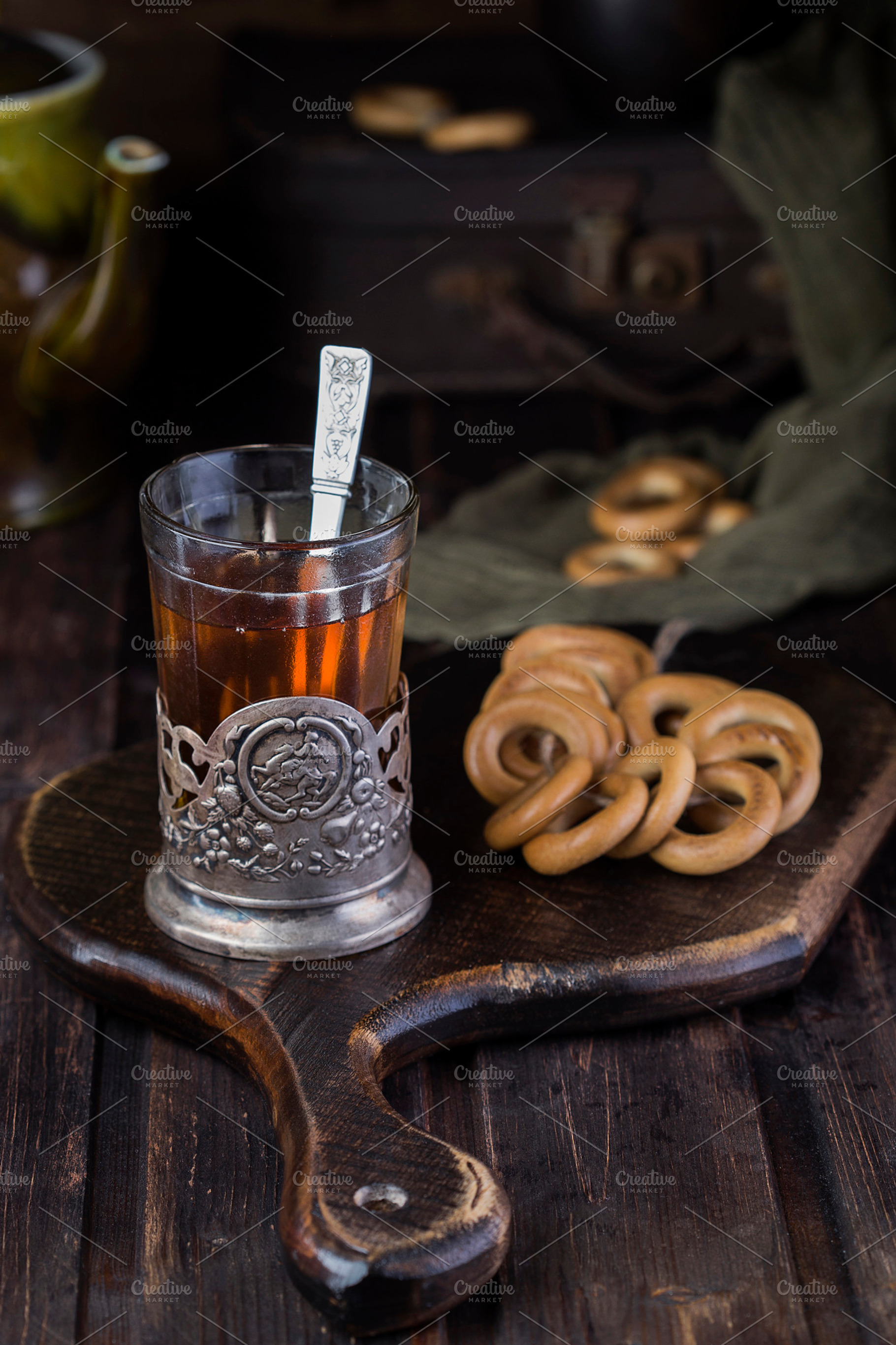 Tea in a glass with a bage stock photo containing beverage and breakfast, a Food & Drink Photo by Marina_Pronina