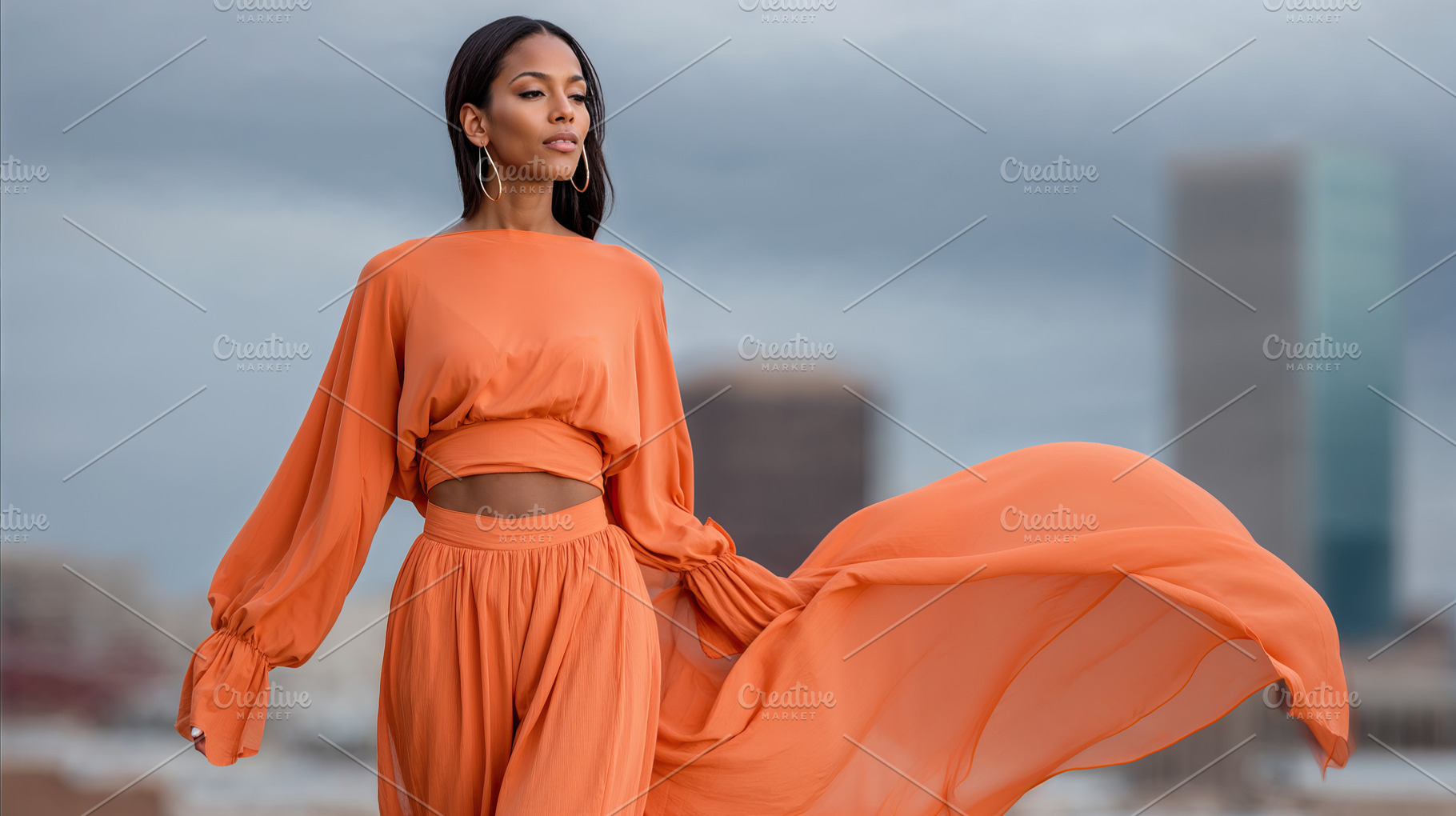 Influencer woman showcases stylish outfit against urban skyline backdrop, a Person Photo by OSORIOartist