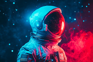Astronaut in Red and Blue Lights, an Abstract Photo by Ales Munt