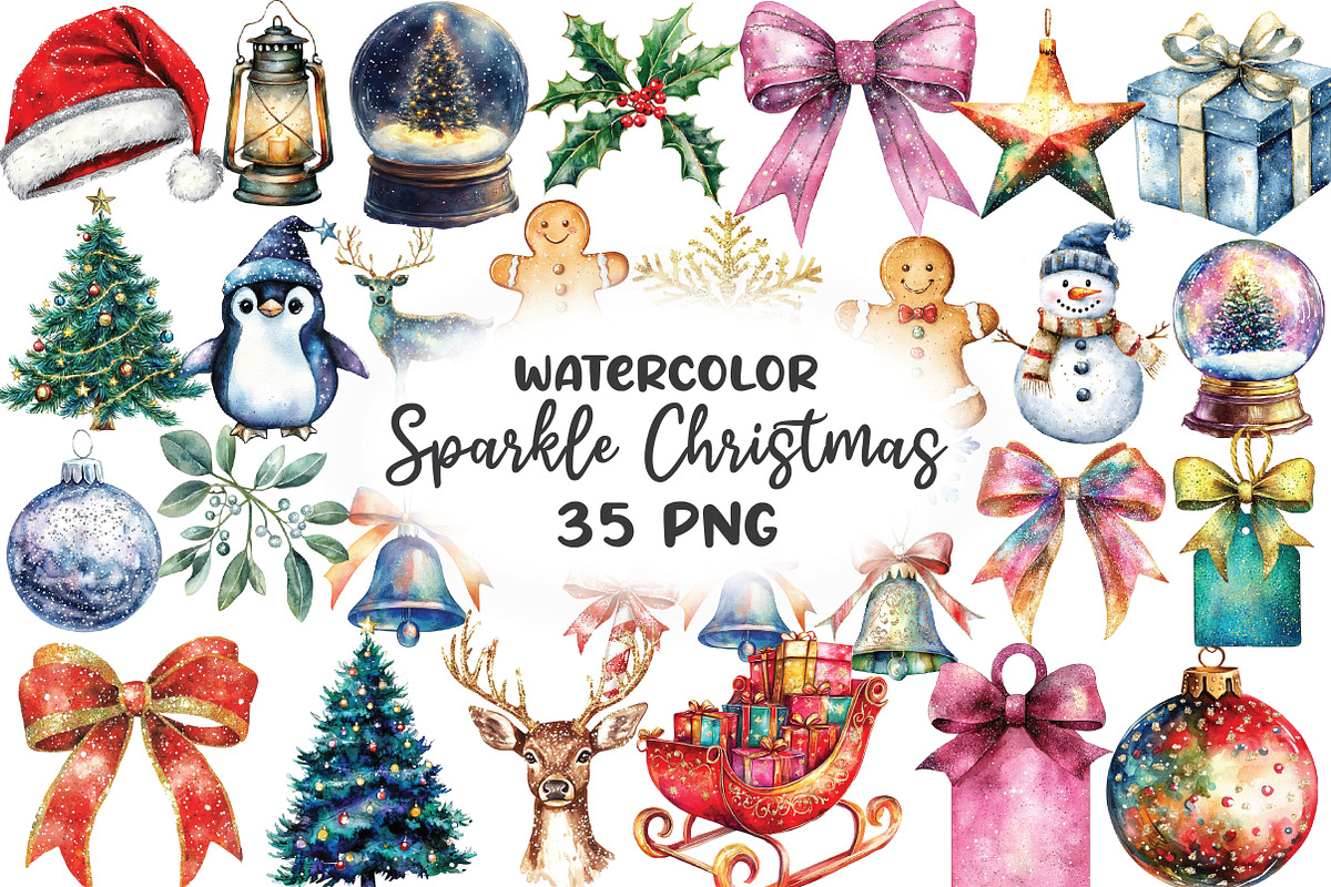 Watercolor Sparkle Christmas Clipart, an Illustration by CraftArtStudio (Photo 1 of 6)