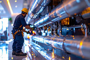 Worker installing a new set of stainless pipes under a modern ki, a Business Photo by DanFLCreativo