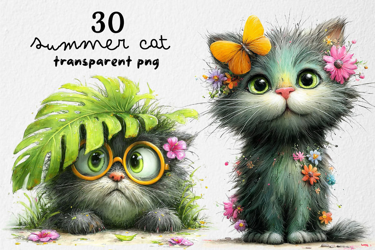Whimsical Summer Cats Clipart Bundle, an Illustration by Dream Creation (Photo 1 of 8)