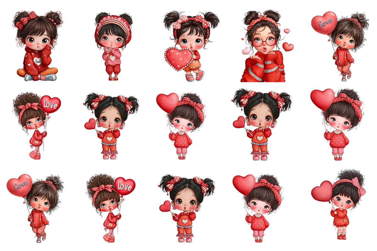 Cute Little Valentine Girls Clipart, an Illustration by DreamArtGraphic (Photo 2 of 4)