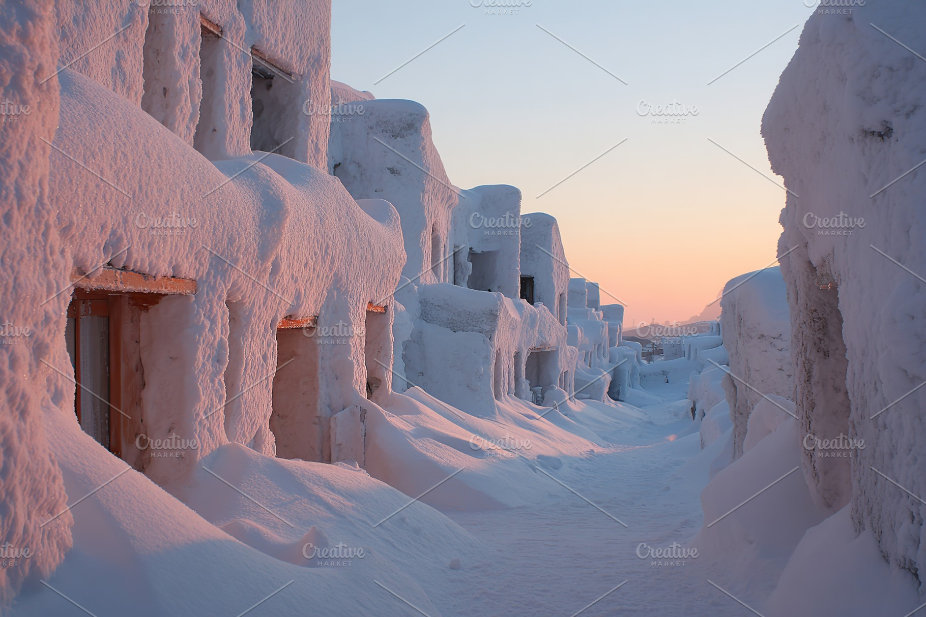 Winter landscape showcasing snow-covered buildings during sunrise in a remote l, a Photo by AlyaAnd