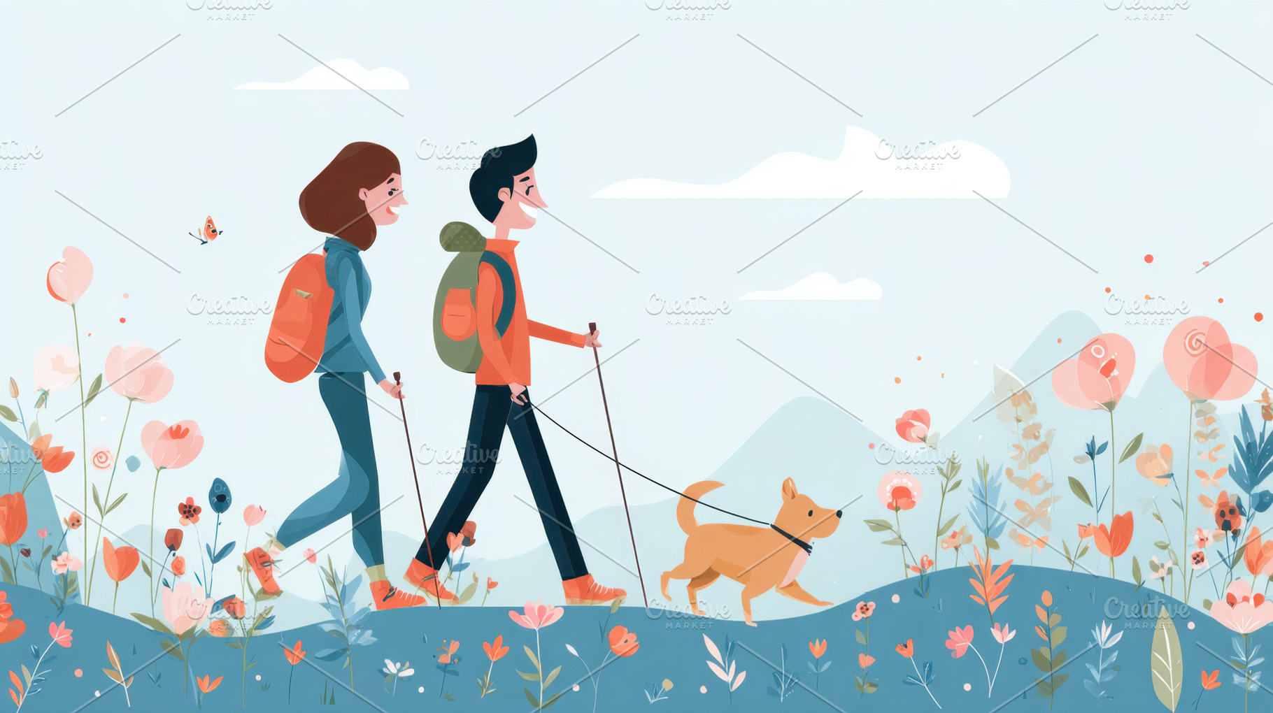 Couple strolls with dog in blooms, a Photo by Beautiful things