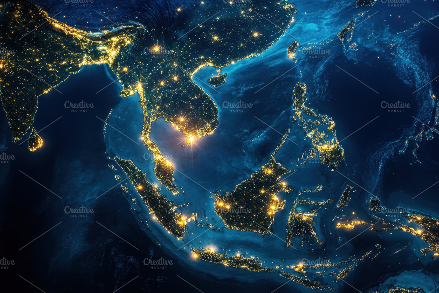View of Southeast Asia at night show, a Photo by Tanuart