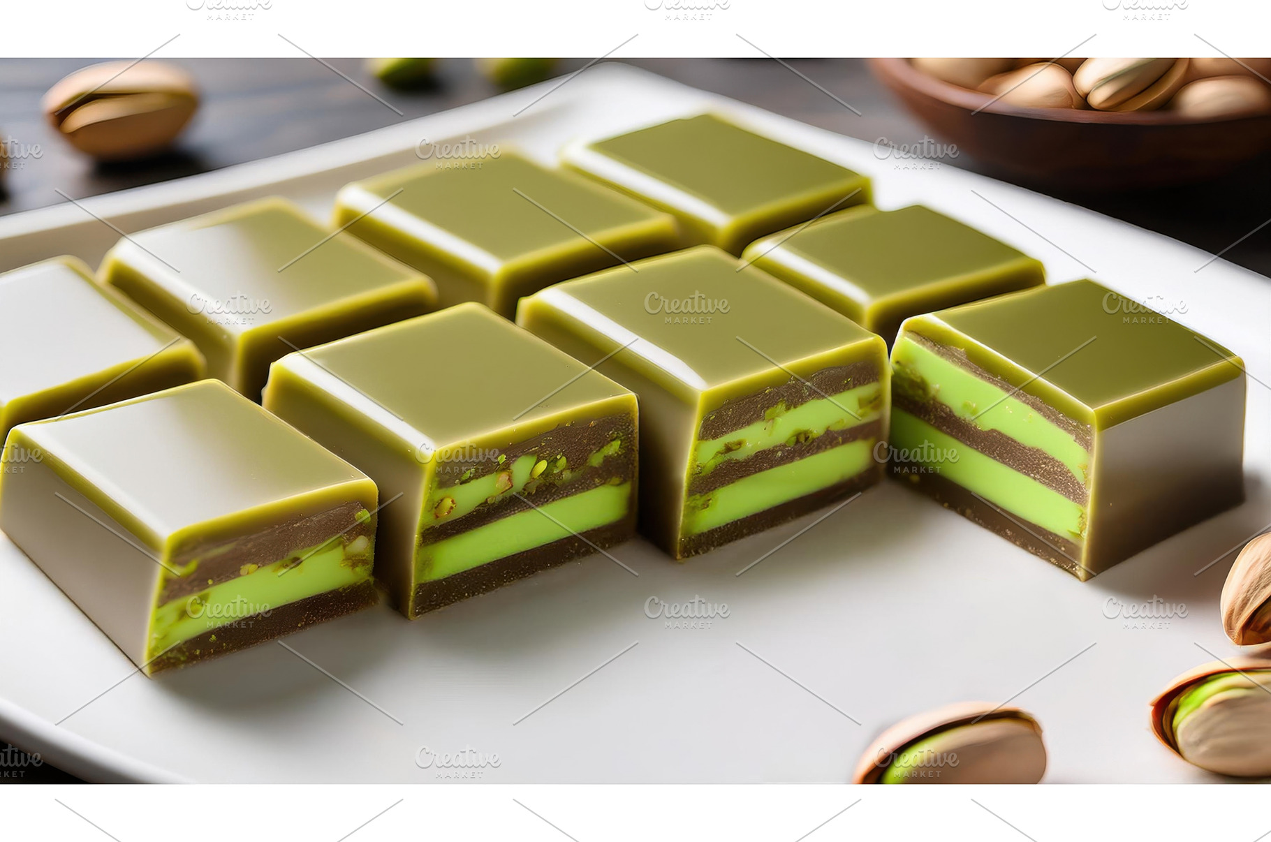 Pistachio-filled chocolate pieces, a Food & Drink Photo by Igor Tichonow
