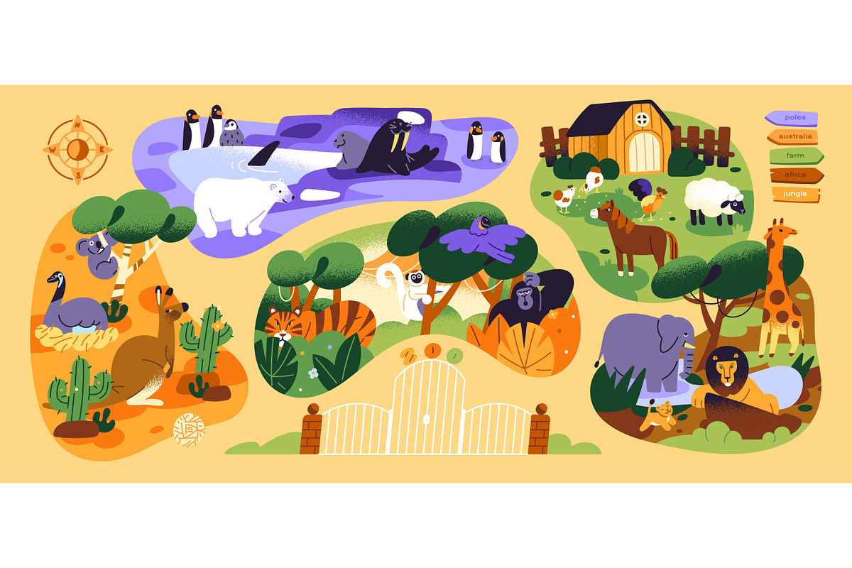 Zoo map design with animals + set, an Animal Illustration by PaperTrident (Photo 1 of 7)