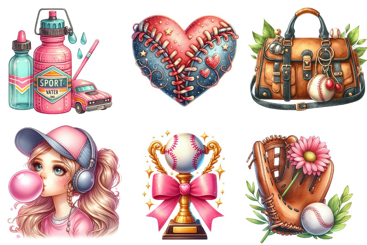 Retro Girly Baseball png Clipart, an Illustration by Watercolor design (Photo 3 of 4)
