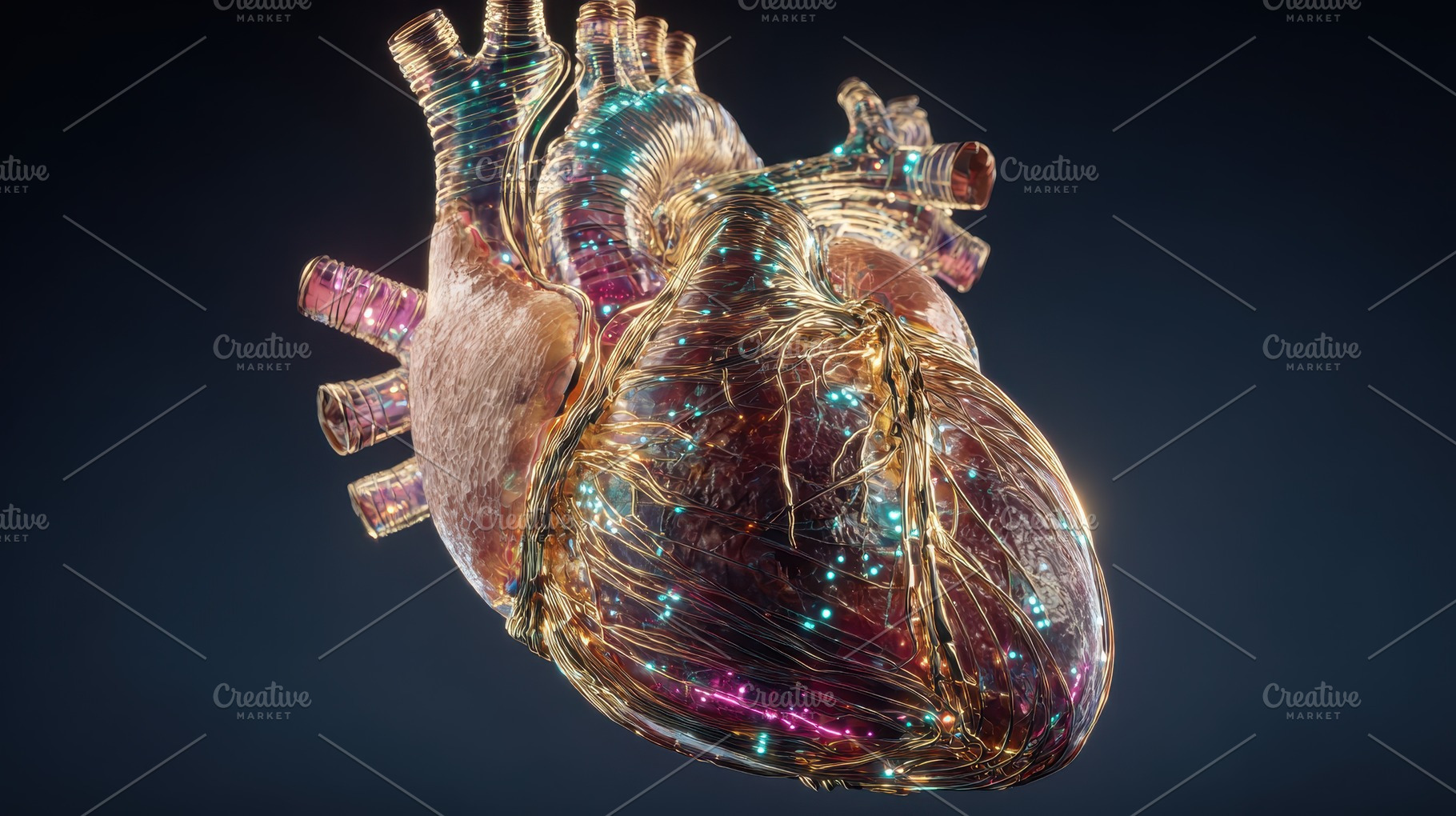 Golden Wired Human Heart Art Digital, a Photo by Pixeness Studio